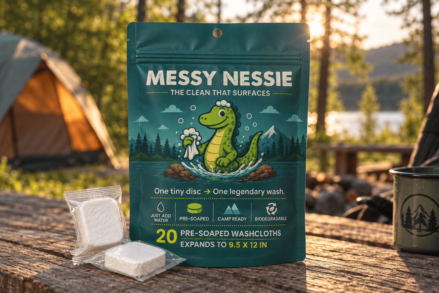 Messy Nessie pouch on a campsite picnic table in evening light