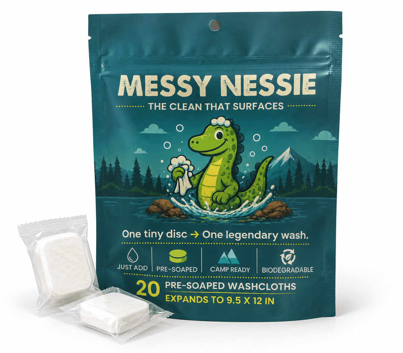 Messy Nessie 20-pack pouch of pre-soaped compressed washcloths